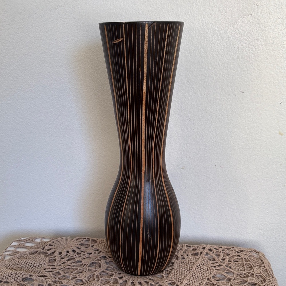 Tall fluted carved wooden candle holder MCM style